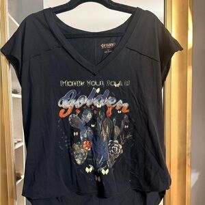 Shyanne Black V-Neck Tee with Gold, Orange and Blue Floral Graphic